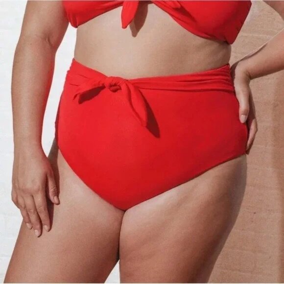 NEW Mara Hoffman Jay High Waisted Tie Front Bikini Bottom in Red Size Large - Picture 3 of 6